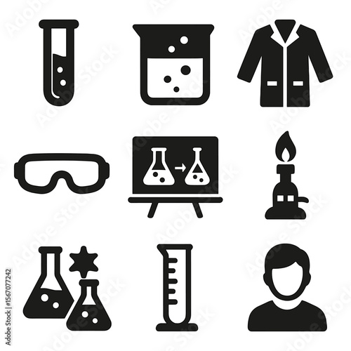 Science Icons Grid. Solid, filled icons set of teaching science experiments in schools: test tube, beaker, lab