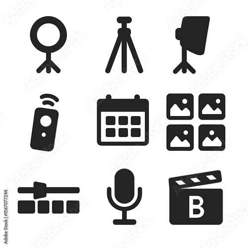 Content Creation Icons. Solid, filled icons set of content creation tools: ring light, tripod, softbox icon,