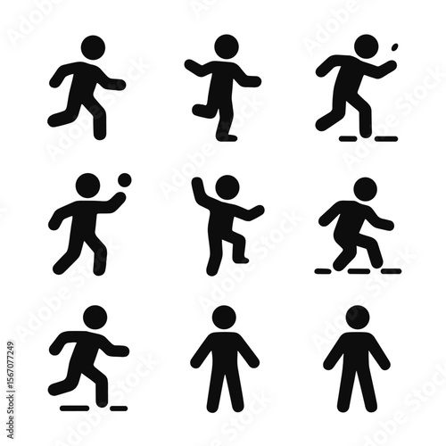 Hopscotch Icon Set. Solid, filled icon set of hopscotch actions: jump forward, balance on one foot, skip square, toss stone, catch