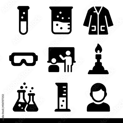Science Icons Grid. Solid, filled icons set of teaching science experiments in schools: test tube, beaker, lab