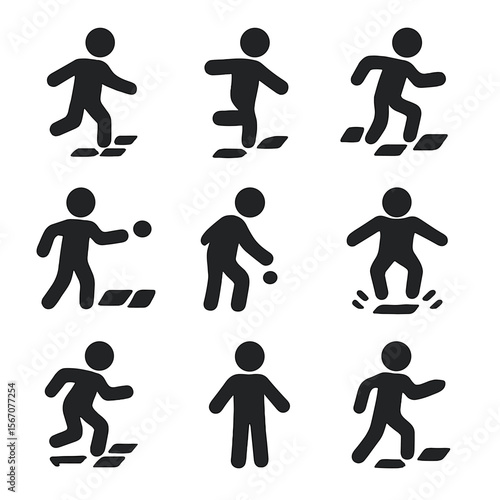 Hopscotch Icon Set. Solid, filled icon set of hopscotch actions: jump forward, balance on one foot, skip square, toss stone, catch