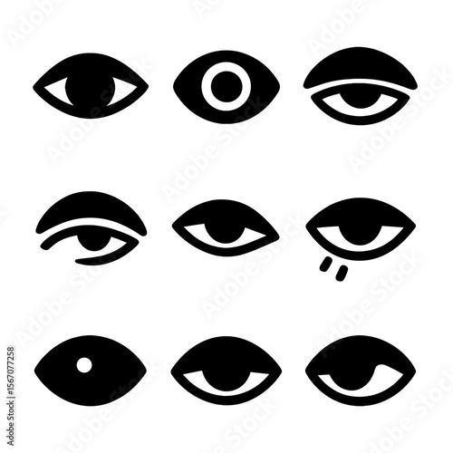 Eye Shape Icon Grid. Solid, filled icon set of eye details and shapes: almond eye, round eye, hooded eye, droopy eye, sharp eye,