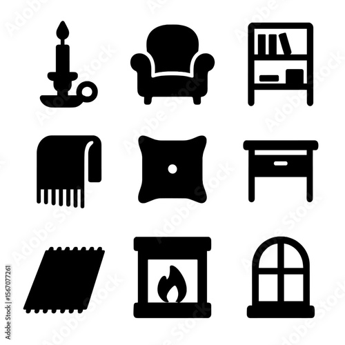Cozy Reading Nook Icons. Solid, Filled icon set of reading nook ambiance: candle holder, armchair, bookshelf, throw blanket,