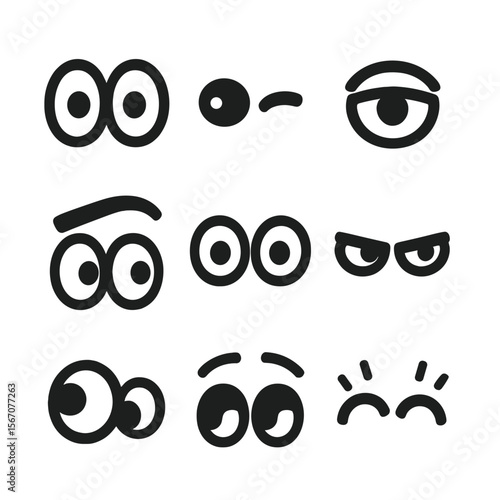 Eye Gestures Icons. Solid, filled icon set of expressive eye gestures: wide eyes, wink, squint, raised brow, eye roll, narrowed