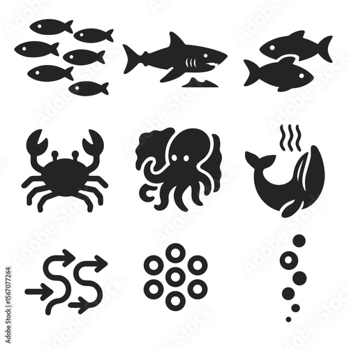 Sea Creatures Icons. Solid, filled icons set of sea creatures behavior: schooling fish, hunting shark, mating