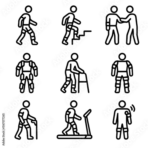 Exoskeleton Icon Set. Solid, filled icon set of Mobility and rehabilitation exoskeletons: assisted walking, stair climbing,