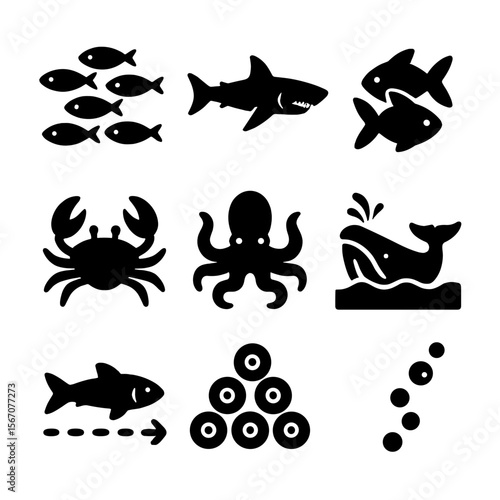 Sea Creatures Icons. Solid, filled icons set of sea creatures behavior: schooling fish, hunting shark, mating
