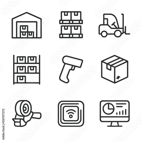 Warehouse Icon Set. Outline icon set of warehousing and inventory management: warehouse building, pallet stack, forklift, racking