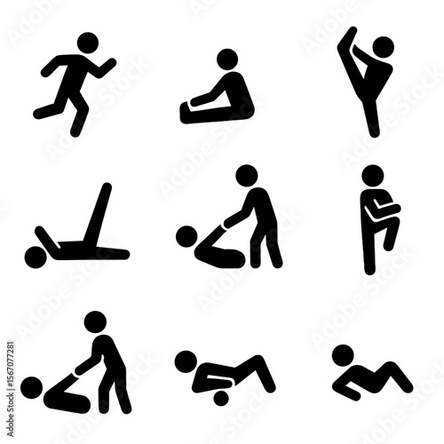 Stretching Icon Grid. Solid, filled icon set of stretching types: dynamic stretch, static stretch, ballistic stretch, PNF stretch,