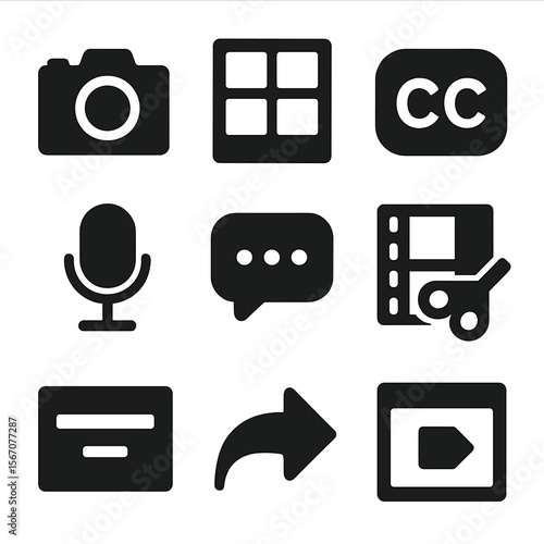 Content Creation Icons. Solid, filled icons set of content creation with captions: camera icon, storyboard