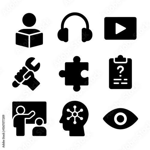 Student Learning Icons. Solid, filled icon set of student learning styles: book reader, audio headset, video play, hands-on tool,