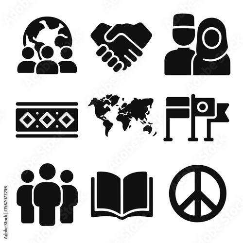 Diversity Icon Set. Solid, filled icon set of racial and cultural diversity: globe with people, interlocking hands, cultural dress