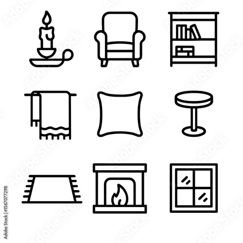 Cozy Reading Nook Icons. Outline icon set of reading nook ambiance: candle holder, armchair, bookshelf, throw blanket, cushion,