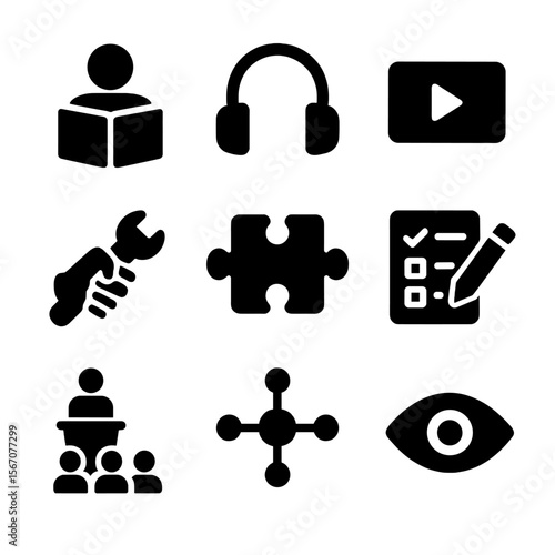 Student Learning Icons. Solid, filled icon set of student learning styles: book reader, audio headset, video play, hands-on tool,