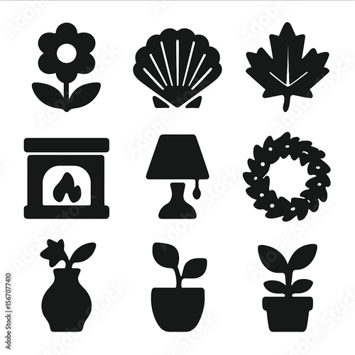Seasonal Mantel Icon Set. Solid, filled icons set of seasonal mantel updates: spring flower, summer seashell,
