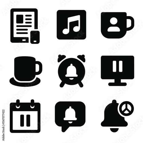 Digital Break Icons. Solid, filled icon set of digital break time: tablet with ebook, smartphone on table, playlist icon, video