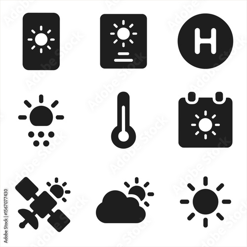 Sunny Weather Icons. Solid, filled icon set of sunny weather forecasting: weather app, temperature icon, high-pressure symbol, UV