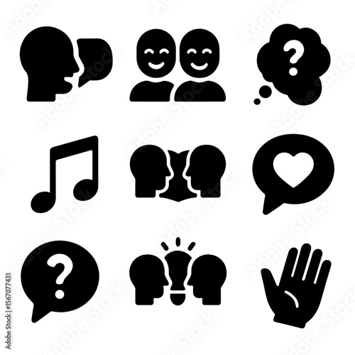 Conversational Icons Grid. Solid, filled icons set of conversation and bonding: talking heads, shared laughter