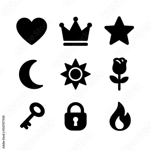 Fairy-Tale Icon Grid. Solid, filled icon set of fairy-tale symbolism: heart, crown, star, moon, sun, rose, key, lock, flame. Solid