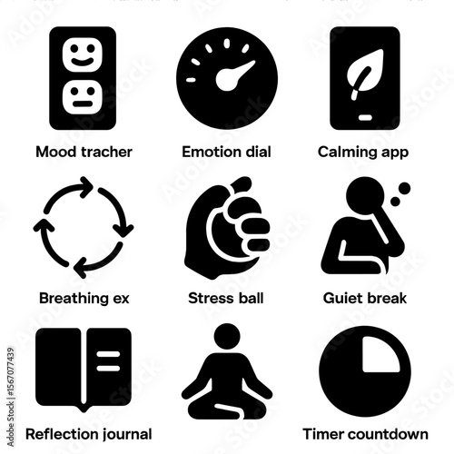 Digital Calming Tools Icons. Solid, filled icon set of digital tools for emotional regulation: mood tracker, emotion dial, calming