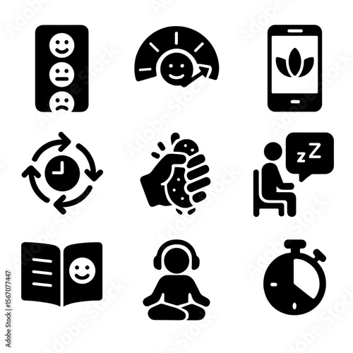 Digital Calming Tools Icons. Solid, filled icon set of digital tools for emotional regulation: mood tracker, emotion dial, calming