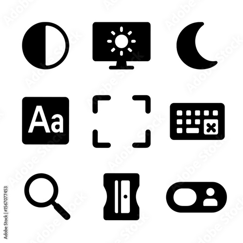 Digital Contrast Tools Icons. Solid, filled icon set of digital contrast tools: contrast icon, monitor settings, dark mode, high