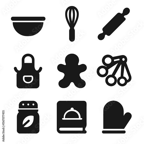 Cooking Gift Set Icons. Solid, filled icons set of cooking and baking gift sets: mixing bowl, whisk, rolling