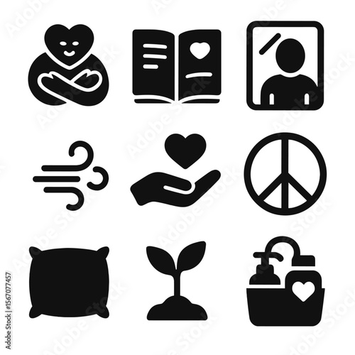 Self-Care Icon Set. Solid, filled icons set of self-compassion and self-acceptance practices: heart hug, open