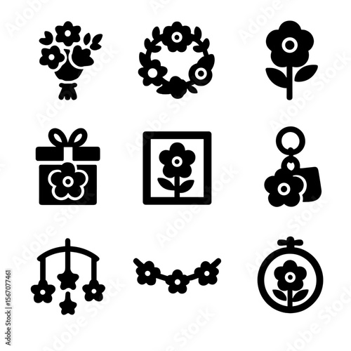 DIY Flower Icon Set. Solid, filled icon set of DIY vintage flower projects: wedding bouquet, hair wreath, fabric boutonniere, gift