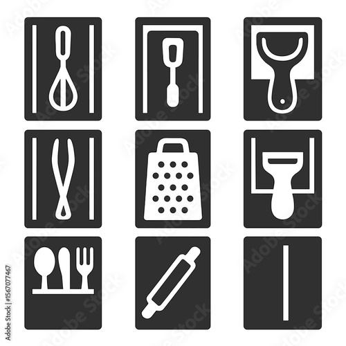 Cooking Utensil Icons. Solid, filled icons set of cooking utensil drawers: whisk slot, spatula tray, ladle
