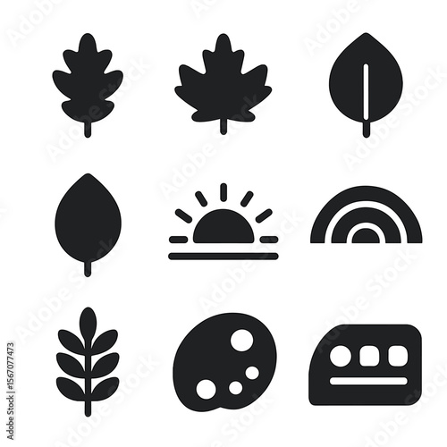 Fall Color Icons. Solid, filled icon set of fall colors: orange leaf, red leaf, yellow leaf, brown leaf, golden leaf, green leaf,