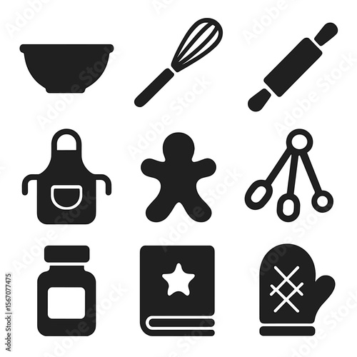 Cooking Gift Set Icons. Solid, filled icons set of cooking and baking gift sets: mixing bowl, whisk, rolling