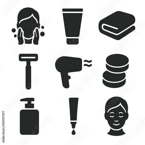 Self-Care Icons Grid. Solid, filled icons set of self-care rituals: face wash, moisturizer tube, towel, razor,