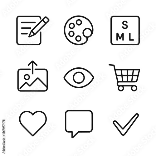 Customizable Icons Grid. Outline icon set of customer customization: edit form, color picker, size chart, upload image, preview