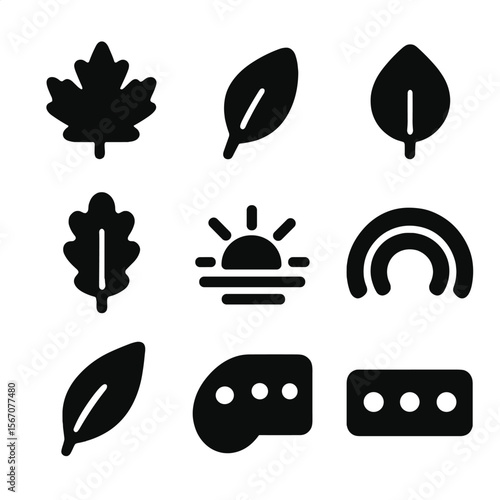 Fall Color Icons. Solid, filled icon set of fall colors: orange leaf, red leaf, yellow leaf, brown leaf, golden leaf, green leaf,