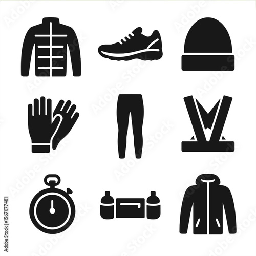 Cool Weather Running Gear. Solid, filled icons set of cool weather running gear: thermal jacket, running shoes