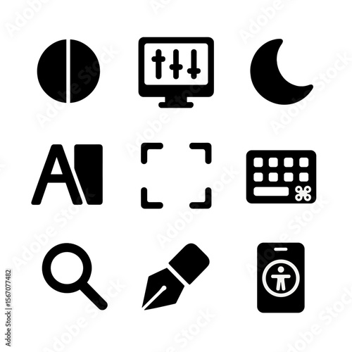 Digital Contrast Tools Icons. Solid, filled icon set of digital contrast tools: contrast icon, monitor settings, dark mode, high