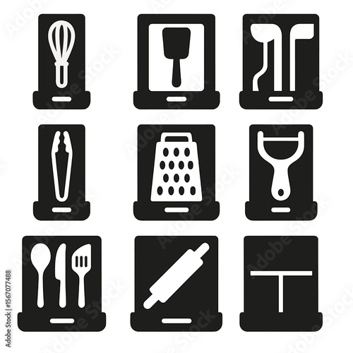 Cooking Utensil Icons. Solid, filled icons set of cooking utensil drawers: whisk slot, spatula tray, ladle