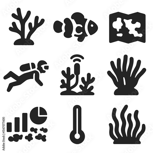 Coral Reef Icons. Solid, filled icons set of coral reef ecosystem study: coral icon, clownfish, reef map,