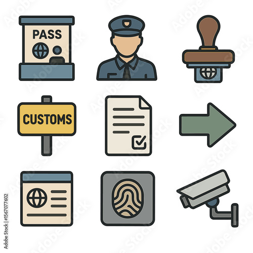 Customs & Immigration Icons. Flat icon set of customs & immigration: passport control booth, immigration officer, passport stamp,