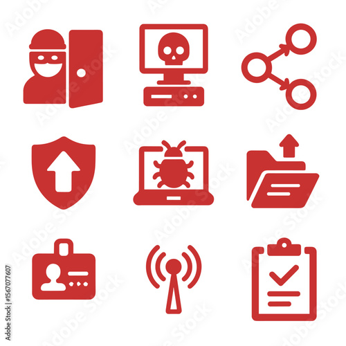Cyber Ops Icon Set. Flat icon set of red team operations: covert entry, command-and-control server, lateral movement path,