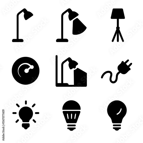 Corner Lamp Icons. Solid, filled icons set of corner lamp: floor lamp, angled shade, light beam, tripod base,
