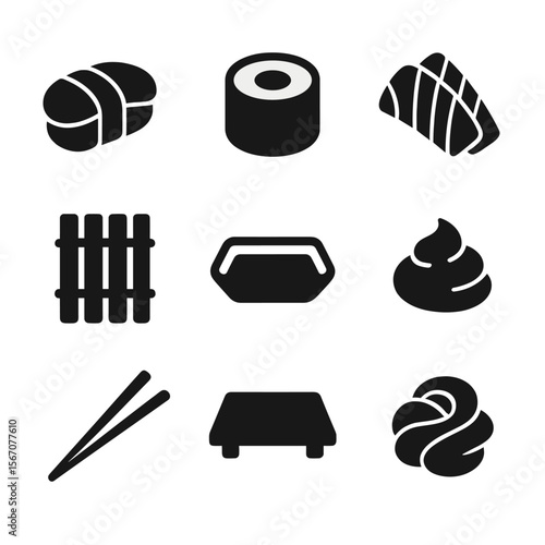 Sushi Icons Set. Solid, filled icon set of sushi artistry: nigiri, maki roll, sashimi, bamboo mat, soy sauce dish, wasabi dab,
