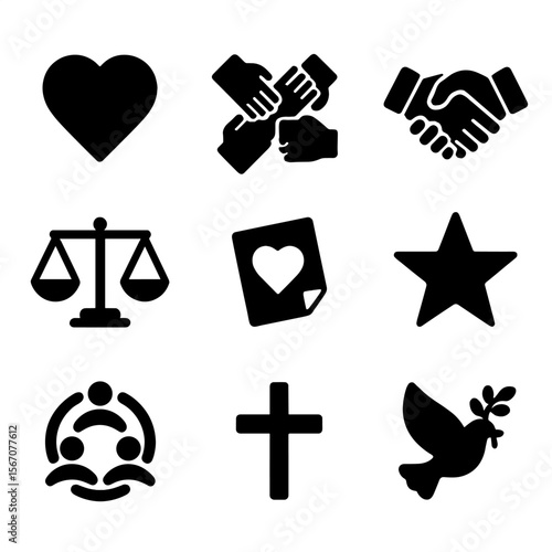Icons of Core Values. Solid, filled icons set of values and intentions board: compassion heart, teamwork hands