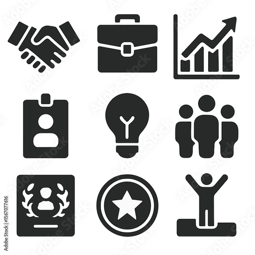 Corporate Awards Icons. Solid, filled icons set of corporate employee awards: handshake symbol, briefcase icon