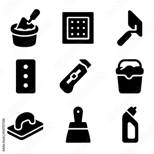 Surface Repair Tool Icons. Solid, filled icon set of surface repair tools: spackling compound, wall patch kit, corner trowel,