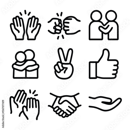 Supportive Gesture Icons. Solid, filled icon set of supportive gestures: high five, fist bump, hand on shoulder, hug, peace sign,