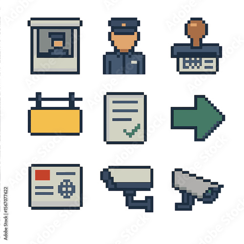Customs Icon Set. Pixel art icon set of customs & immigration: passport control booth, immigration officer, passport stamp,