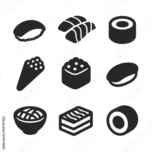 Sushi Icon Grid. Solid, filled icon set of sushi types: nigiri, sashimi, uramaki, temaki, gunkan, inari, chirashi, oshizushi,