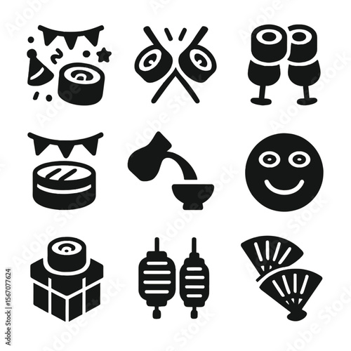 Sushi Celebration Icons. Solid, filled icon set of sushi celebrations: party, chopsticks clinking, sushi toast, festival, sake